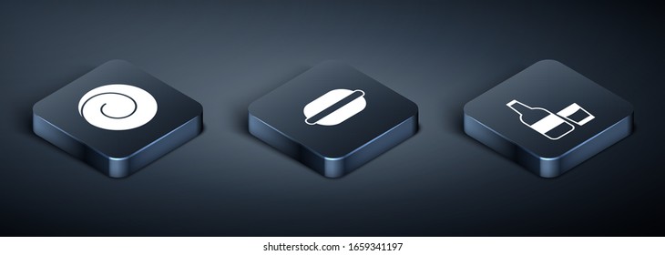Isometrische Roll-Bun mit Zimt , Glasflasche mit Milch und Glas und Macaron-Cookie-Icon. Vektorillustration