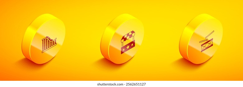 Set Isometric Roller coaster, Ticket box office and Drum with drum sticks icon. Vector