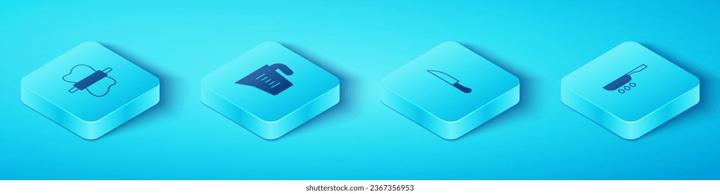 Set Isometric Rolling pin on dough, Measuring cup, Frying pan and Knife icon. Vector