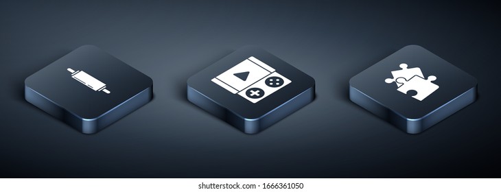 Set Isometric Rolling pin, Piece of puzzle and Portable video game console icon. Vector