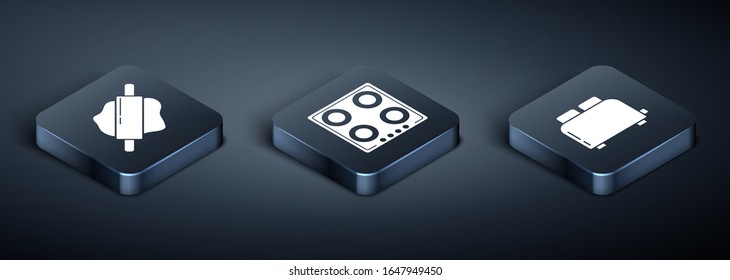 Set Isometric Rolling pin , Toaster with toasts  and Gas stove  icon. Vector