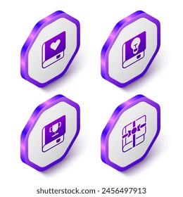 Establecer libro de Romance isométrico, manual de usuario, libro y como icono de regalo. Botón hexagonal púrpura. Vector