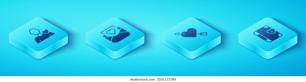 Set Isometric Romantic man, Envelope with Valentine heart, Love diary and Amour and arrow icon. Vector