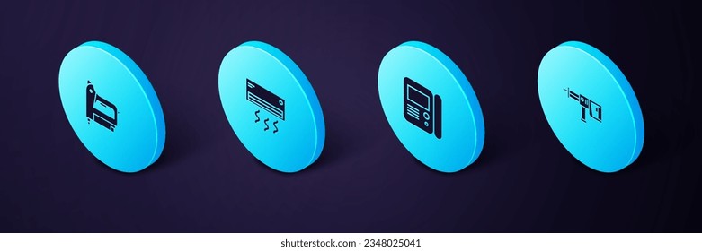 Establezca la máquina de perforación isométrica para martillo rotatorio, el sistema de intercomunicación de la casa, el acondicionador de aire y el icono de grapadora de construcción eléctrica. Vector