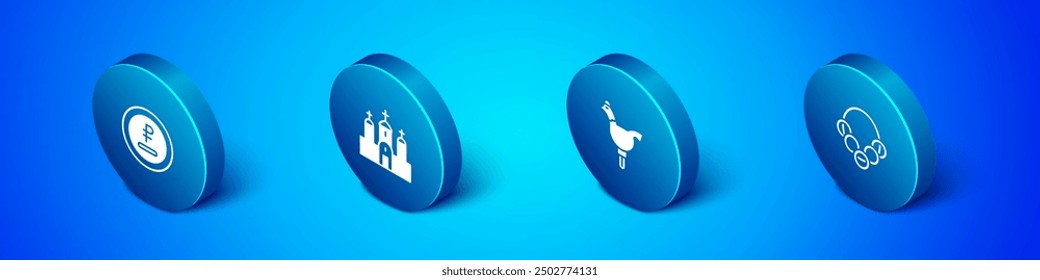 Set Isometric Rouble, ruble currency, Cockerel lollipop, Russian bagels and Church building icon. Vector