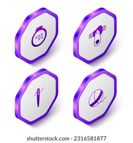 Setzt Isometric Round einstellbare Stickereihoop, Zipper, Nadel zum Nähen mit Gewinde und Garnkugel Symbol. Violett-Hexagon-Taste. Vektorgrafik
