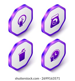 Definir Isometric Entrega em torno do relógio, Pedidos on-line de alimentos, Vidro de papel com água e ícone. Botão hexágono roxo. Vetor