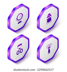 Set Isometric Round makeup mirror, Deodorant roll, Eyelash curler and Shaving razor icon. Purple hexagon button. Vector