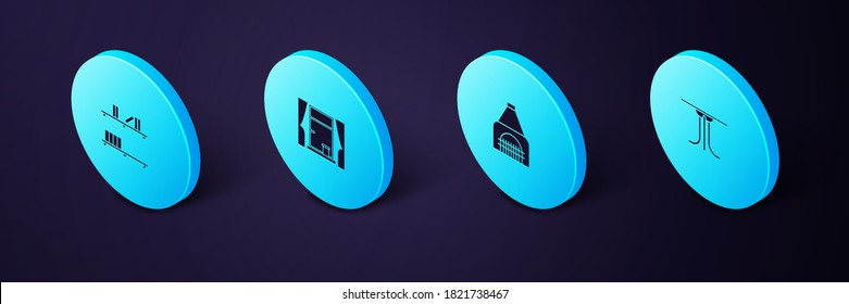 Set Isometric Round table, Interior fireplace, Window with curtains and Shelf books icon. Vector.