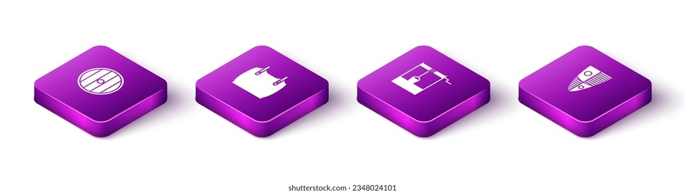 Set Isometric Round wooden shield, Body armor, Well with bucket and Shield icon. Vector