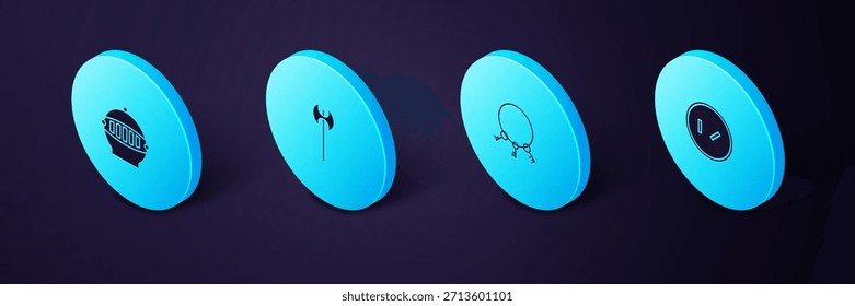Definir Isometric Round escudo de madeira, chaves antigas, machado medieval e ícone de capacete de ferro. Vetor