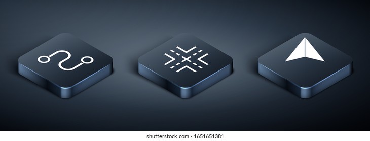 Stellen Sie die ideetrische Streckenposition, das Papierflugzeug und das Straßenverkehrszeichen ein Symbol. Vektorillustration