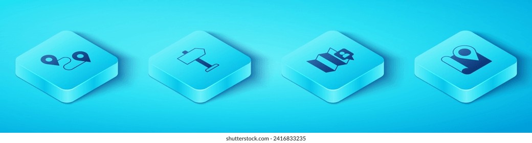 Set Isometric Route location, Road traffic sign, Folded map with marker and  icon. Vector