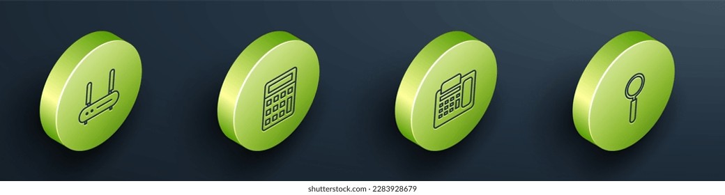 Set Isometric Router and wi-fi signal, Calculator, Telephone and Magnifying glass icon. Vector