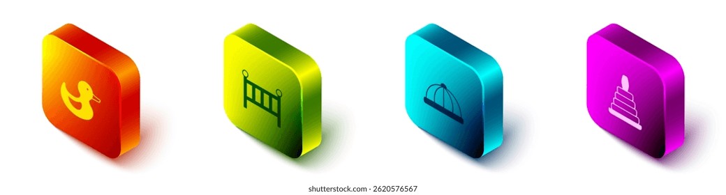 Set Isometric Rubber duck, Baby crib cradle bed, hat and Pyramid toy icon. Vector