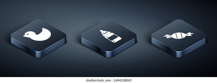 Set Isometric Rubber duck, Candy and Baby bottle icon. Vector