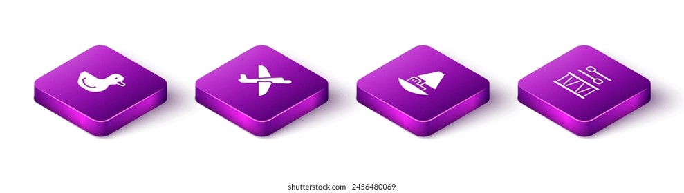 Set Isometric Rubber duck, Toy plane, boat and Drum with drum sticks icon. Vector