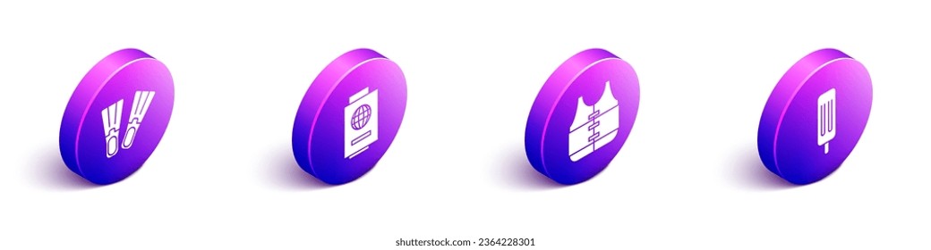 Set Isometric Rubber flippers, Passport with ticket, Life jacket and Ice cream icon. Vector