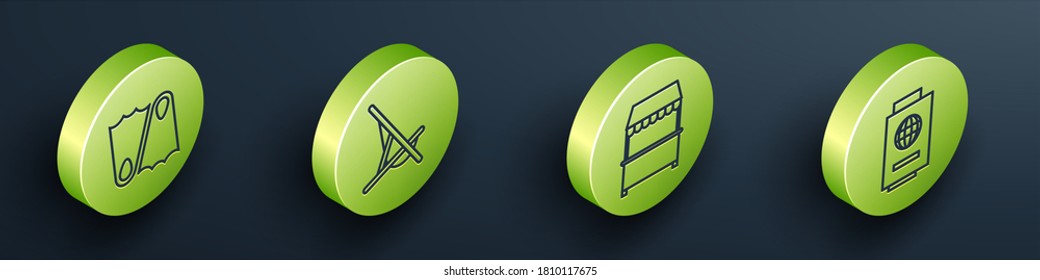 Set Isometric Rubber flippers, Sunbed, Street stall with awning and Passport with ticket icon. Vector