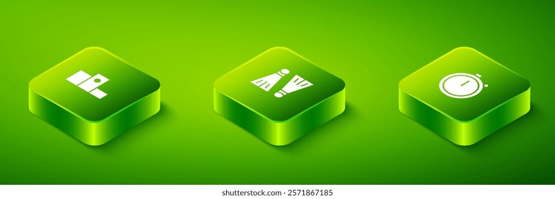 Set Isometric Rubber flippers for swimming, Stopwatch and Award over sports winner podium icon. Vector