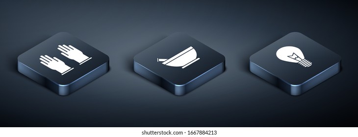 Set Isometric Rubber gloves, Light bulb with concept of idea and Mortar and pestle icon. Vector