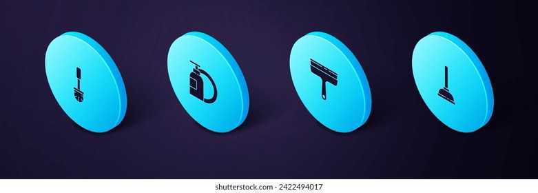 Coloque el émbolo de goma isométrico, limpiador para ventanas, botella y placa líquido lavavajillas e icono de pincel de inodoro. Vector