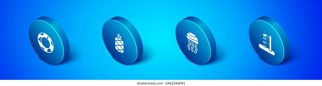 Set Isométrico Anillo de natación de goma, medusas, ducha de playa e icono de piña. Vector