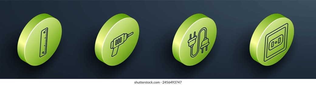 Set Regla isométrica, taladradora eléctrica, enchufe eléctrico e icono de toma de corriente eléctrica. Vector
