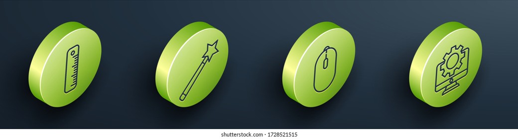 Set Isometric Ruler, Magic wand, Computer mouse and Computer monitor and gear icon. Vector