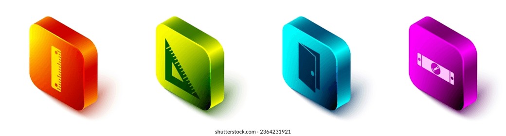 Set Isometric Ruler, Triangular ruler, Closed door and Construction bubble level icon. Vector