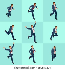 Set isometric running businessman. Businessman Man on white background. Isometric character poses. Cartoon people. Create your own design for vector