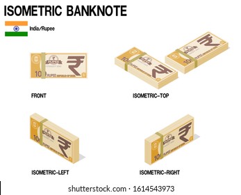 Set of Isometric Rupee banknote on white background

