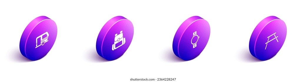 Set Isometric Rv Camping trailer, Hiking backpack, Smartwatch and Picnic table with benches icon. Vector