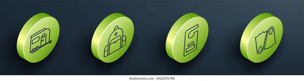 Seleccione Isometric Rv Camping trailer, Mochila de senderismo, Por favor, no moleste e icono de aletas de goma. Vector