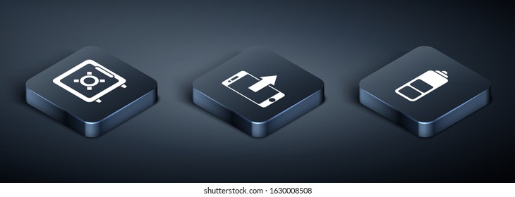 Set Isometric Safe, Battery charge level indicator and Smartphone, mobile phone icon. Vector