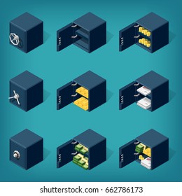 Set Of Isometric Safe Boxes, Filled With Money, Gold, Coins, Documents. Eps10 Vector.