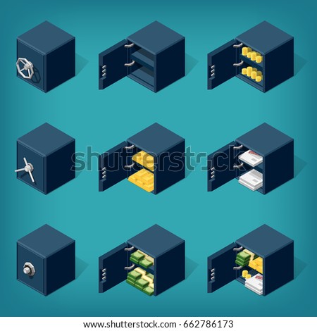 Set of isometric safe boxes, filled with money, gold, coins, documents. Eps10 Vector.