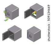 Set of isometric safe boxes isolated on white background. Opened, closed, full and empty. Vector illustration
