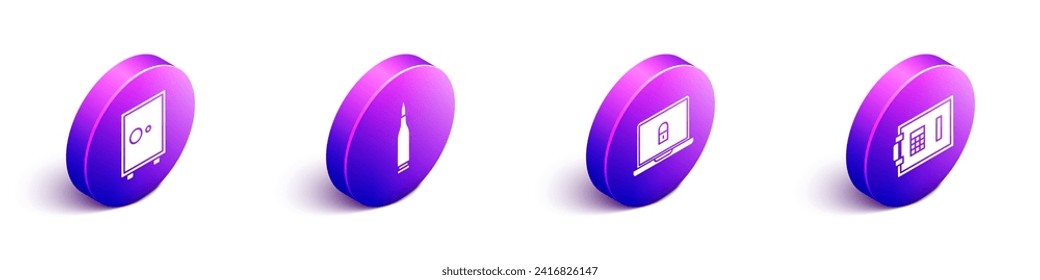 Ajuste el icono Seguridad isométrica, Bullet, Laptop y Bloqueo y Seguridad. Vector