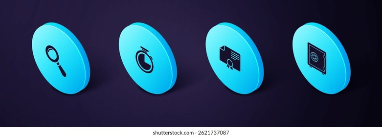 Set Isometric Safe, Certificate template, Stopwatch and Magnifying glass icon. Vector