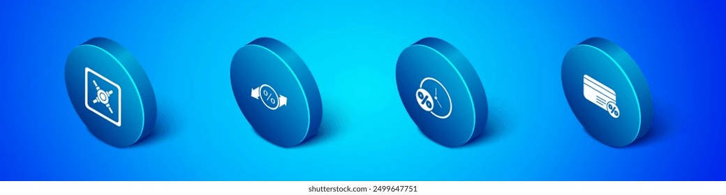 Set Isometric Safe, Clock and percent, Discount card with and tag icon. Vector