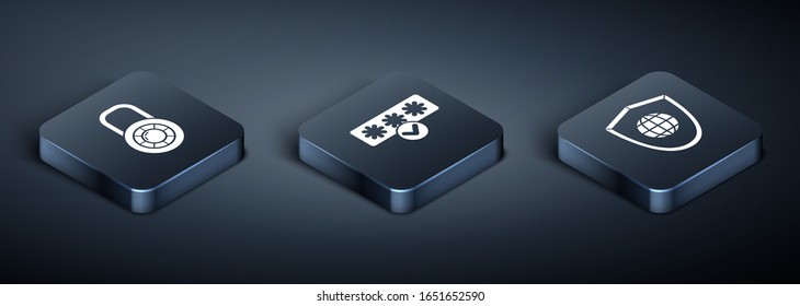 Set Isometric Safe combination lock wheel , Shield with world globe  and Password protection and safety access icon. Vector