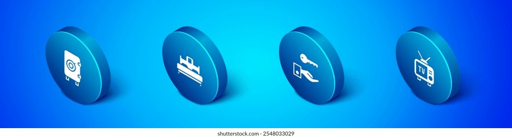 Set Isometric Safe, Hotel door lock key, Retro tv and Bedroom icon. Vector