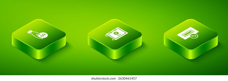 Definir Seguro Isométrico, Inserindo moeda e Mão dando ícone de dinheiro. Vetor