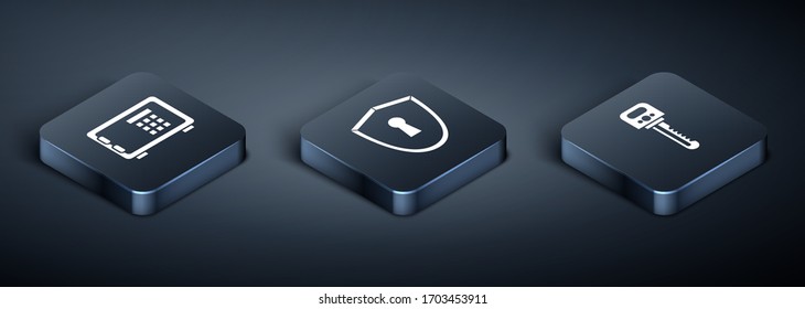 Set Isometric Safe , Key  and Shield with keyhole  icon. Vector