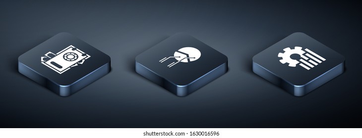 Set Isometric Safe and money, Pie chart infographic and Pie chart infographic icon. Vector
