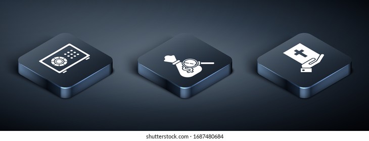 Isometrischer Safe, Eid auf die Tasche der Heiligen Bibel und des Geldes und Lupe-Glas-Symbol. Vektorillustration
