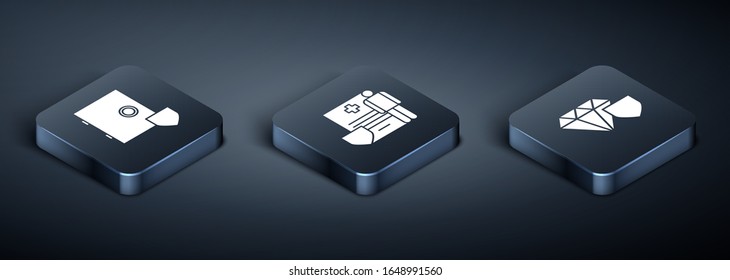 Set Isometric Safe with shield, Diamond with shield and Medical clipboard with clinical record icon. Vector