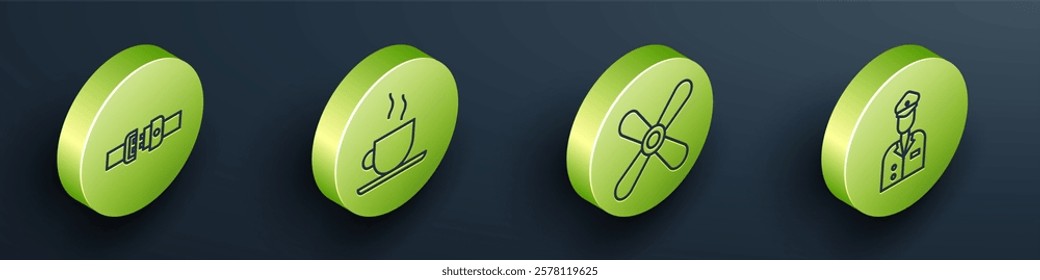 Set Isometric Safety belt, Coffee cup, Plane propeller and Pilot icon. Vector