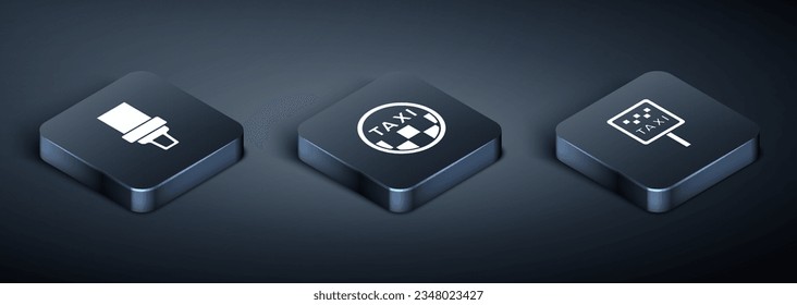 Set Isometric Safety belt, Road sign for taxi stand and Taxi car roof icon. Vector